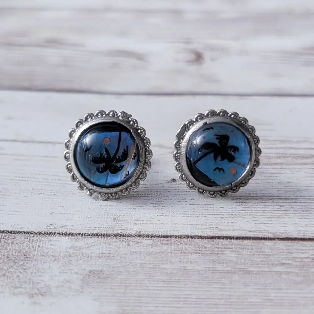 Vintage Screw Back Earrings Palm Tree - Repair Needed - One Upside Down